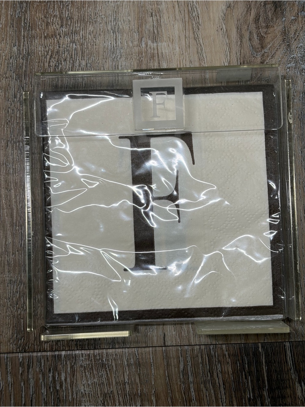 Mud Pie Cream and Brown Monogram Cocktail Napkins - “F” with clear holder
NWT!